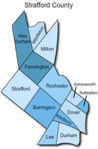 A map of Strafford County with municipalities labeled: Barrington, Dover, Durham, Farmington, Lee, Madbury, Middleton, Milton, New Durham, Rochester, Rollinsford, Somersworth, Strafford